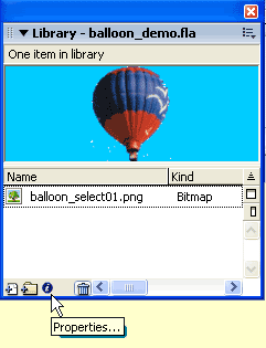 The Properties icon at the bottom of the Library window